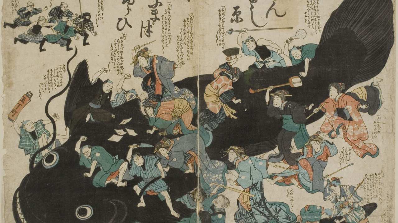 a painting of people attacking a fish